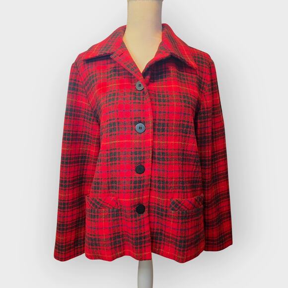 Vintage NY & Co Wool Plaid Chore Coat M Shacket Shirt Jacket Red Fall Fisherman - Picture 1 of 8